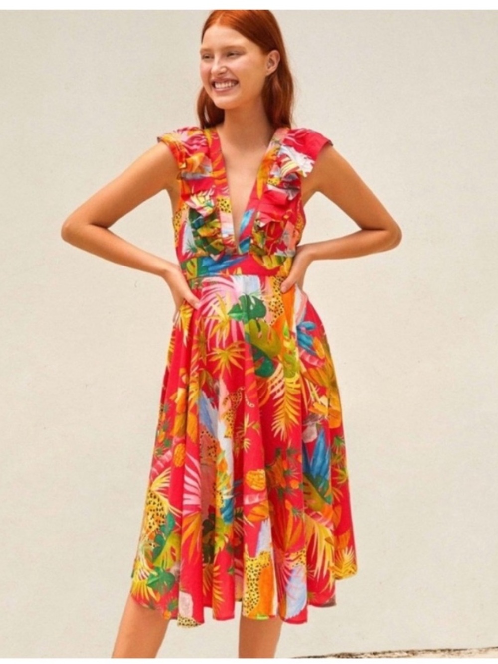 FARM Rio Bright Tropical-Print Midi Dress in Red, Yellow & Green
